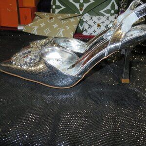 Simmi London Wide Fit Becki embellished sling back heels silver metallic croc 8